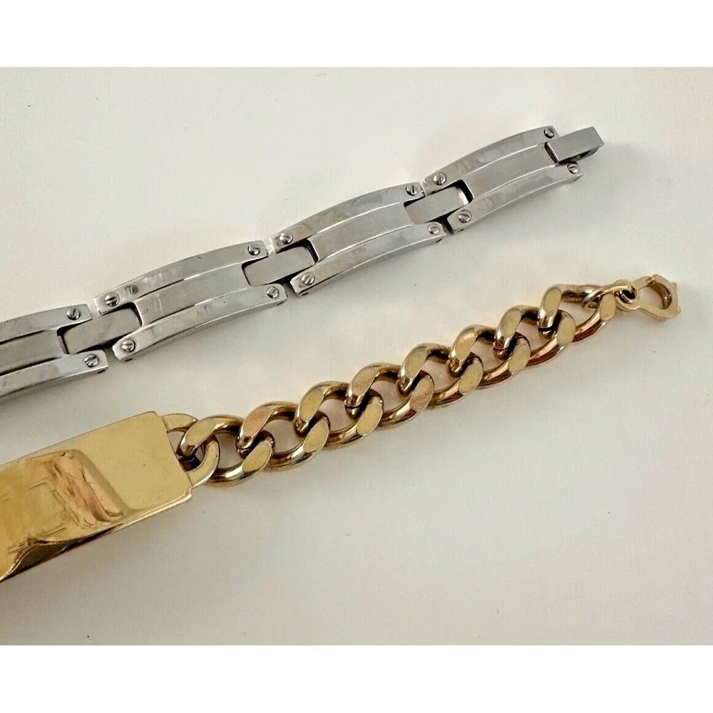 Mens Speidel ID Bracelet Nic Gold Tone Curb Link Stainless Steel Links Set 2